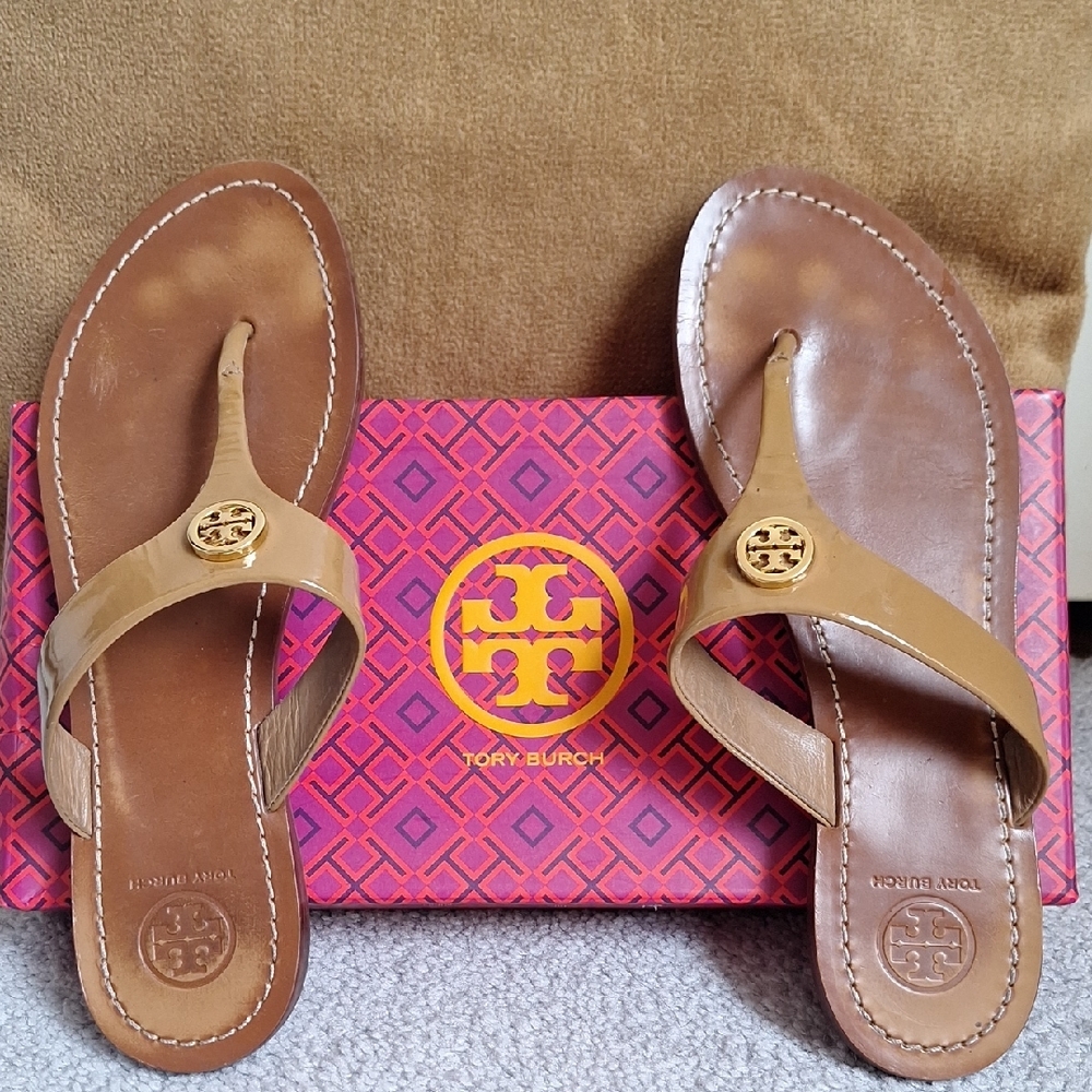 Tory Burch Tan Flip Flops with Logo Emblem